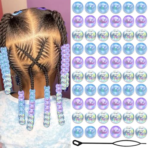 Auroriel 60PCS Perles à Tresser AB Pour Enfants Filles Perles Rondes en Acrylique Bleu Violet Transparent avec Aide à L'Enfilage