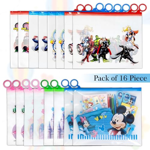Image of GLUN Cartoon Print Pencil Pouch for Boys, Pack of 16 All Multi Translucent Printed Stationary Bag Organiser for School, Multi-Purpose Bag
