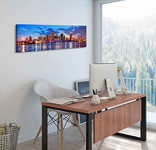 Image of Office Wall Decor Miami Skyline Wall Art Panoramic Cityscape Picture Modern USA City Night View Canvas Prints for Bedroom Living Room Home Decoration Stretched and Framed Ready to Hang 13.8 inchx45.3 inch