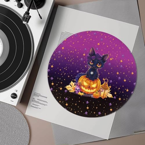 Hechitok Black Cat Pumpkin Turntable Platter Mat 12 Inches Record Mat Felt Anti-Static Slip Mat for Vinyl LP DJ Turntable Record Player Reduces Vibrations & Improved Sound Clarity