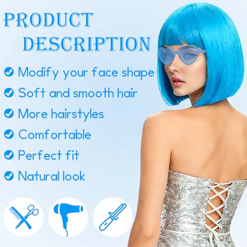Image of 2 Pack Blue Bob Wigs with Heart Sunglasses for Women Men, Colorful Neon Bob Wig with Black Hair Cap for Christmas Halloween Party Bachelorette Photography Music Festival Princess Party