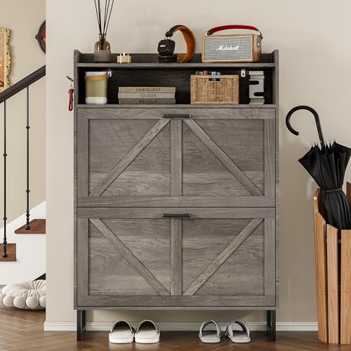 Image of BORNOON Shoe Cabinet with 2 Flip Drawers Narrow Shoe Storage Organizer Wooden Freestanding Rack Hidden Slim Shoes Storage Cabinet for Entryway, Hallway, Living Room, Bedroom (Grey)
