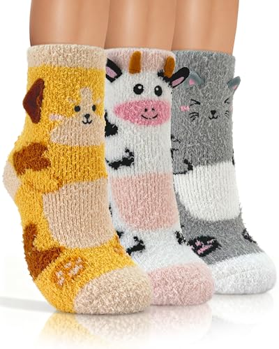 AIVEI Buttery Soft Fuzzy Socks for Women 3 Pairs Cute Animal
