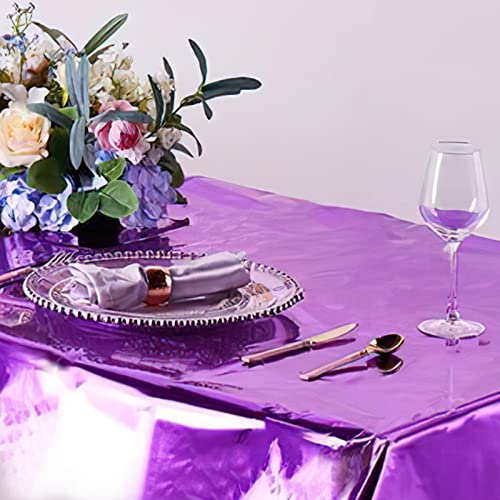 Image of PartyWoo Purple Foil Tablecloth, 3 Pack 54 x 108 Inch Rectangle Tablecloth, Foil Tablecloth for 6 to 8 Foot Table, Metallic Table Cover, Waterproof Table Cloth for Birthday, Wedding, Party