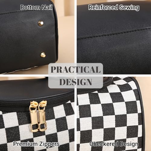 Checkered Makeup Bag Travel Purse Toiletry Bag Women Cute Cosmetic Case Portable Hanging Organizer for Essentials (Black)4