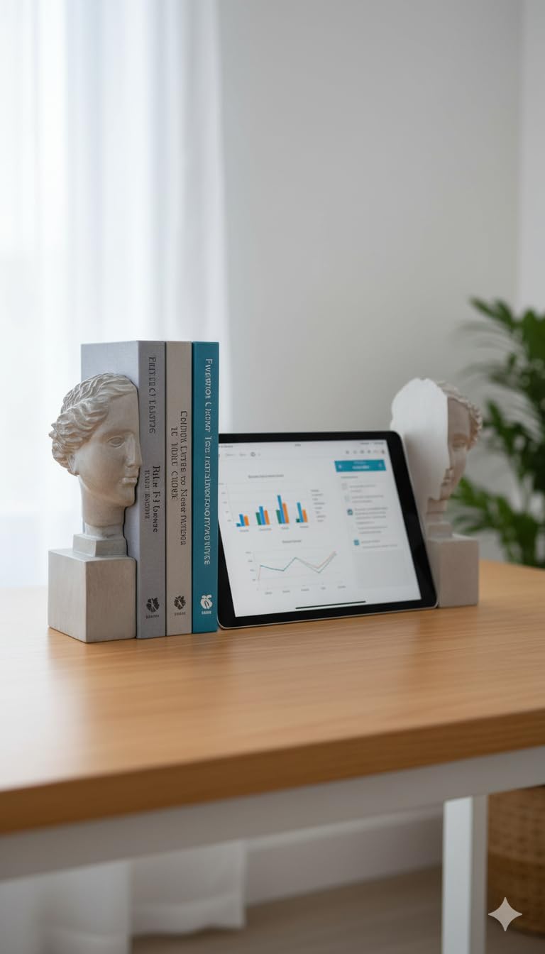 Set 2 Serre-Livres Décoratif Buste Grec Tête Romaine Femme Résine Blanche Cassée Elégant 21 cm