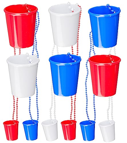 Iconikal 12 Pack Patriotic Beaded Shot Glass Necklaces American Flag Colors 2oz Reusable Plastic for Parties Red White Blue