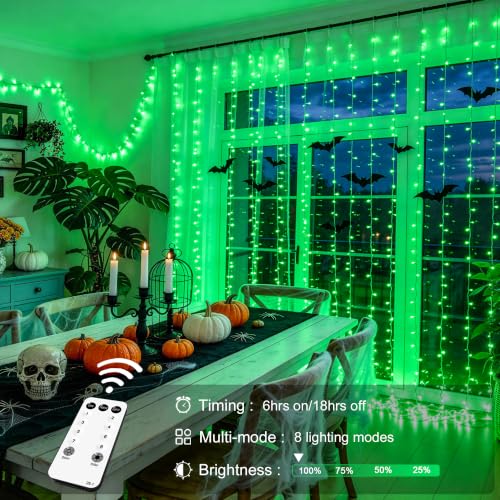 Image of JMEXSUSS 300 LED Green Curtain Lights for Halloween Decor, 9.8x9.8ft