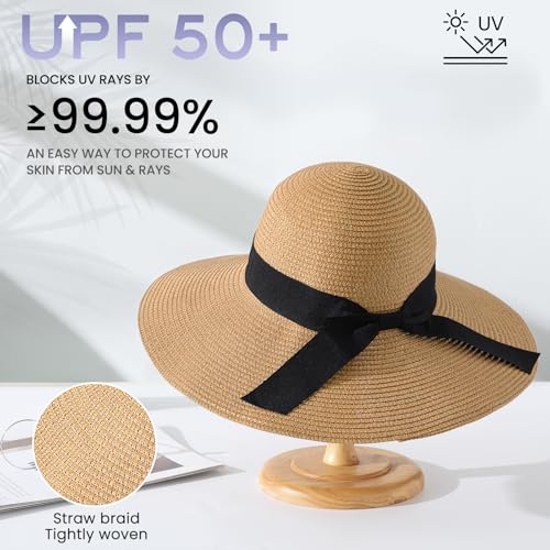 Image of Sun Beach Hats for Women,Wide Brim Straw Hats Womens with Chin Strap, Foldable Woven Sun Hat UV Protection