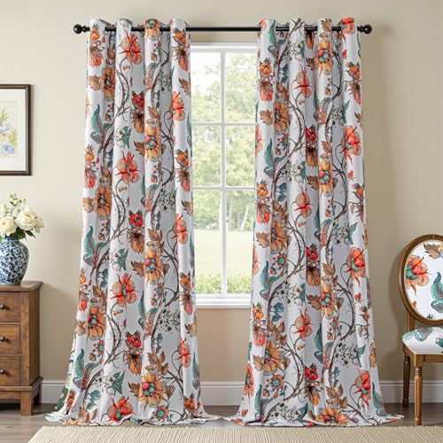 Image of MYSKY HOME 95% Blackout Floral Curtains 95 inches Long Black Out Thermal Insulated Privacy Protect Energy Efficient Vintage Spring Floral Print for Living Dining Room, 2 Panels, 52 inch W, Greyish White