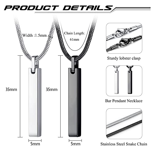 JeweBella 2PCS Halskette Quader Edelstahl für Herren Silber/Schwarz Bar Anhänger mit SchlangenKette 61CM Edelstahl Quader Kette für Männer Damen Schmuck Geschenk