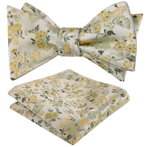 Image of Alizeal Mens 2pcs Floral Bow Tie Set | Self-tied Elegant Pocket Square Set for Wedding