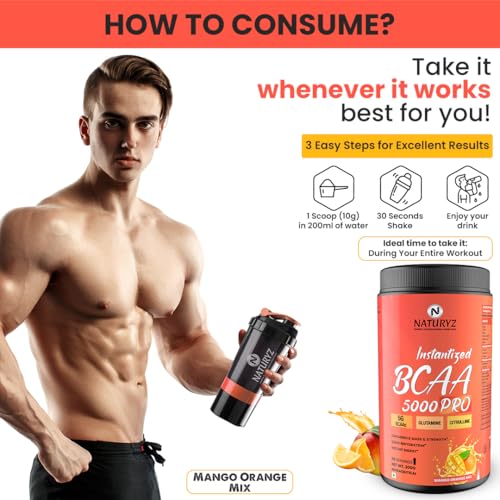 Image of NATURYZ Instantized BCAA 5000 PRO |5G Vegan BCAAs | Glutamine | Citrulline | Electrolytes | 0 Added Sugar | Powerful Intra Workout Amino for Lean Muscle Growth, Strength, Quick Re-Hydration & Instant Energy - 300g(Mango Orange Mix)