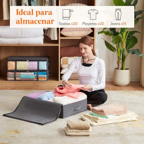 Miniatura 4 de Lifewit Bolsas De Almacenaje Para Debajo De La Cama, Cajas Para Guardar Ropa Con Ventana Transparente Frontal, Organizadore Armario Para Toallas, Mantas, Gris, 40 L, 3 Piezas
