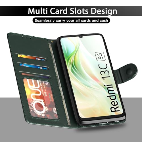 Image of Pikkme Flip Cover for Redmi 13C 5G | Leather Finish | Shockproof with Card Pockets & Wallet Stand | Ultimate Protection Case (Green)
