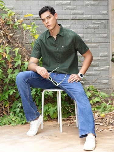 Image of Thomas Scott Men's | Solid | Half Sleeve | Slim Fit | Linen Blend | Spread Collar | Casual Shirt