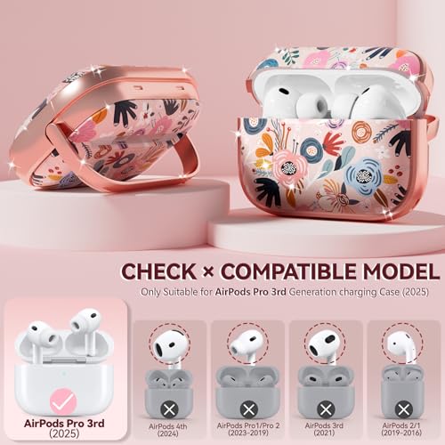 Image of Inesore for AirPods Pro 3 Case Cover 2025 with Lock-Pink Berry Flower | Two-Piece Design,with Gold Keychain & Clean Pen, As Phone Stand,Support Wireless Charging,Cute Luxury Case for Women Girly
