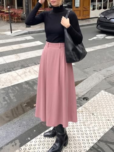 Image of Casly Lamiit A-Line Midi Skirts for Women Business Skirt | Elastic High Waisted, Pleated with Pockets, Work Skirts Casual