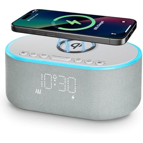 Odokee Wireless Charging Alarm Clock Radio: Qi Certified Fast Wireless Charger for iPhone Samsung - 10W Stereo Bluetooth Speaker - Dimmable Digital Clock with FM Radio for Bedroom Cloud Blue Cover