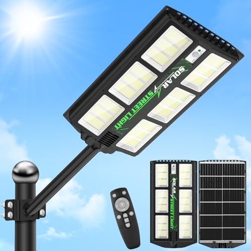 Viugreum Farolas Solares Exterior 1200W, Farola Potente con Control Remoto, IP65 Impermeable Luz Solar Exterior, 1170LED 6500K Foco Solar Exterior Sensor de Movimiento, Luz de Seguridad Jardín Patio