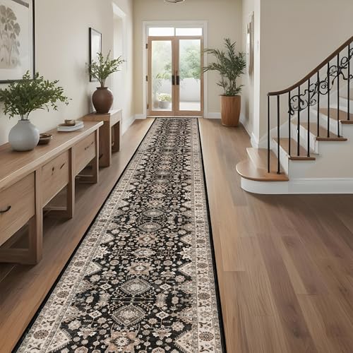 Washable Hallway Runner Rug 3x20: Non Slip Runner Rugs with Rubber Backing Soft Kitchen Rug Farmhouse Distressed Carpet Runner for Living Room Bedroom Bathroom (Black, 3X20)