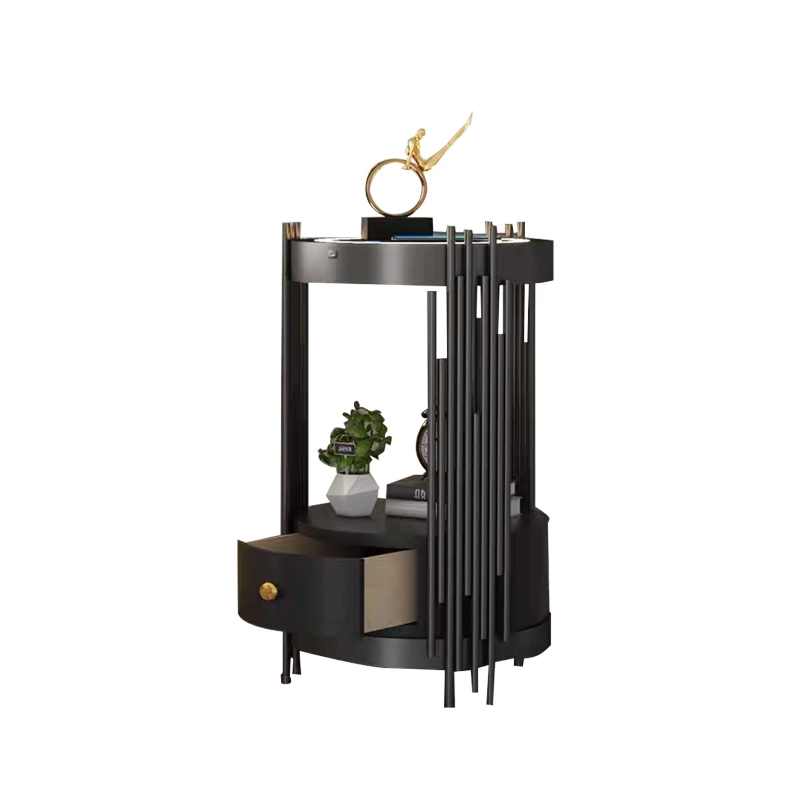 Bedside Table For Bedroom,LED Nightstand With Charging Station,White Modern End Side Table,Adorneve Nightstand,1 Drawers,Slim Bedside Sofa Table For Living Room, Bedroom,With Lamp. ( Color : Black+bla