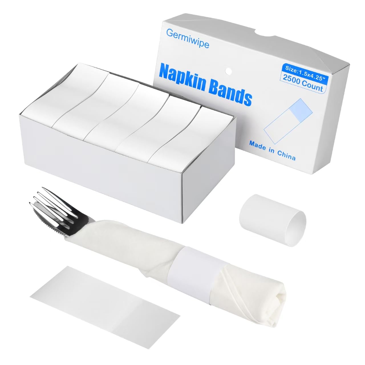 Germiwipe GENB2500WH - Servilleteros autoadhesivos, servilleteros de papel impreso, envolturas de cubiertos blancos, 1.5 x 4.25 pulgadas (paquete de 2.500)