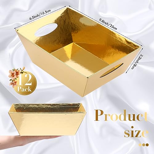 Image of Thenshop 44 Pcs Basket for Gifts Empty Gift Basket Bulk Include 12 Cardboard Tray 12 Plastic Bags and 20 Pull Bows for Christmas Fall Halloween Birthday Wedding Party DIY Wrapping(Solid,Gold)