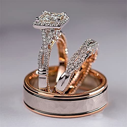 18K Rose Gold Shiny Full Diamond Ring Set AAA Square Cut Cubic Zirconia Eternity Band Rings CZ Diamond 3 Pcs Ring Set Wedding Engagement Anniversary Promise Rings Bridal Sets ST.068 (10)