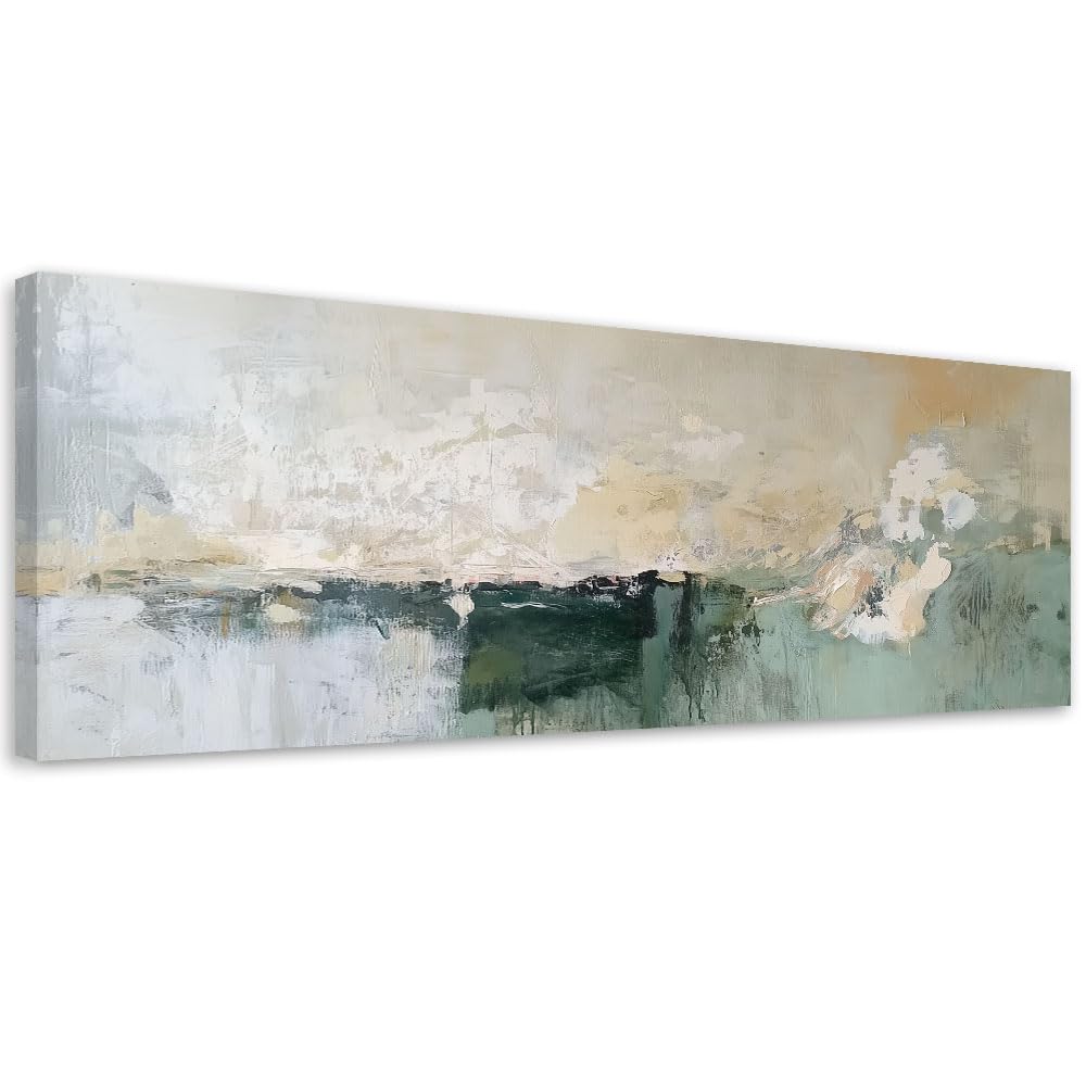 Feeby Wandbilder - Bilder Schlafzimmer - Grün Beige Abstrakt Modern - 150x50 1tlg - Wohnzimmer Bild Groß - Wohnungs - Foto Geschenk - Leinwand Wall Art - Wand Deko