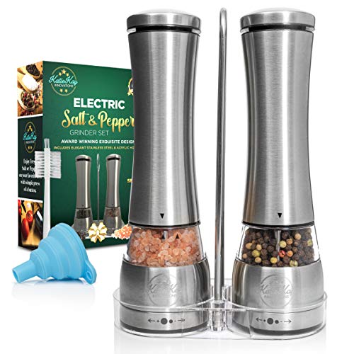 KatieKay Electric Salt and Pepper Grinders-2-Piece Set–Upgraded Acrylic Stainless-Steel Holder-White LED Light-Ergonomic One-H