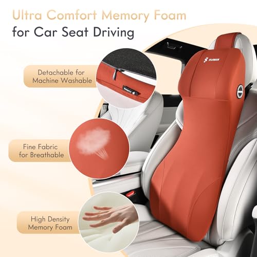 Image of FLORICH 2-in-1 Lumbar Support with Headrest Pillow for Car Ergonomic Memory Foam Car Seat Back Cushion Integrated Lumbar Pillow with Car Neck Pillow for Driving Seat Relief Back Sciatica Pain, Red