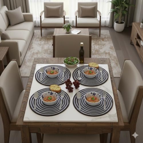 Image of Cotton Rope Placemats, Round Red with White Border, Set of 4, Heat Resistant Table Mats (Black White)