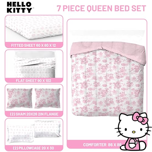 Image of Jay Franco Comforter Set Includes Sheets and Pillow Covers - Soft and Cozy Bed Set for Stylish Room Decor, Official Licensed Bedding, Multi - Hello Kitty, 7 Piece Queen