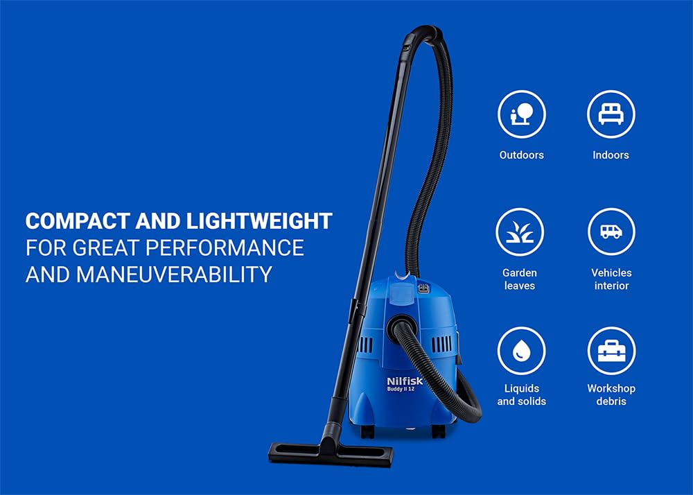 Nilfisk Buddy II 12L Aspiratore Solidi e Liquidi – Per Casa, Giardino e Auto – Funzioni di Aspirazione e Soffiaggio per Interni ed Esterni (1200 W)