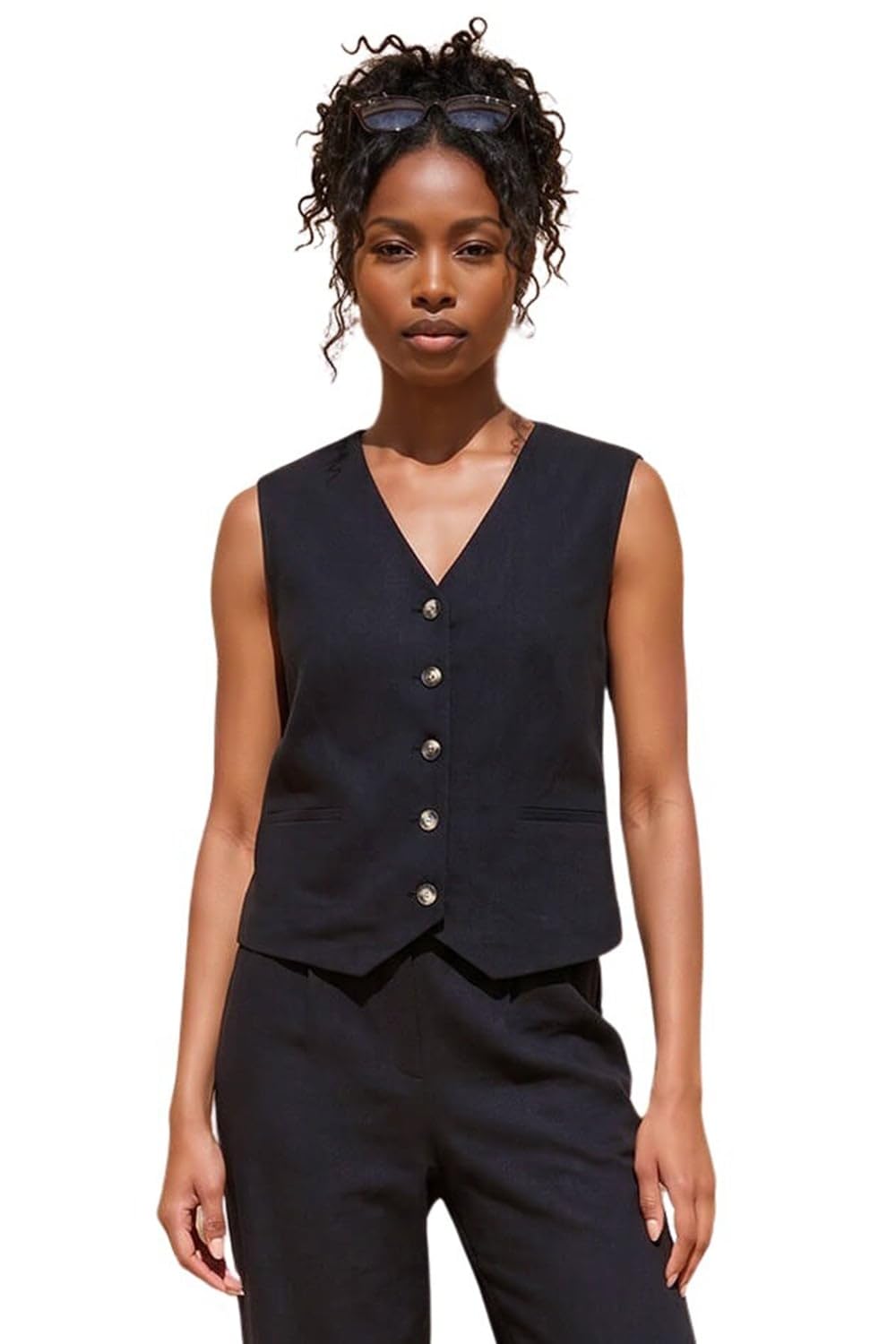 Roman Originals Women's Black Linen Blend Button Through Waistcoat For Uk - Everyday Holiday Spring Summer Notch Neckline Comfy Soft Evening Vacation Work Party - Size 12