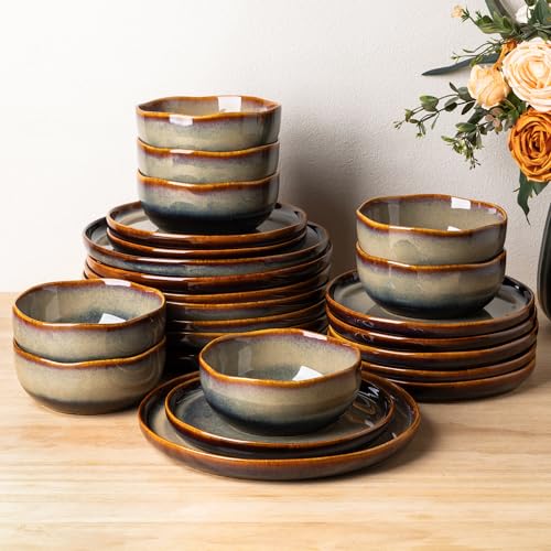 Image of TheTerra Ceramic Dinnerware Sets for 8, 24 Pieces Porcelain Lightweight Plates and Bowls Sets, Scratch Resistant Dish Set, Oven & Microwave & Dishwasher Safe, Coffee Bean