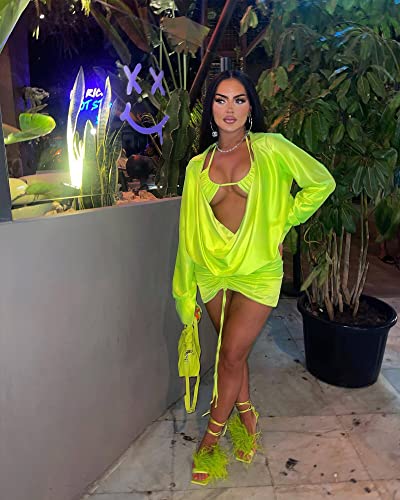 Image of Women's Sexy Long Sleeve Two 2 Pieces Outfits Sheer Mesh Mini Dress Skirt Set Top V Neck Backless Ruched Bodycon Cover Up