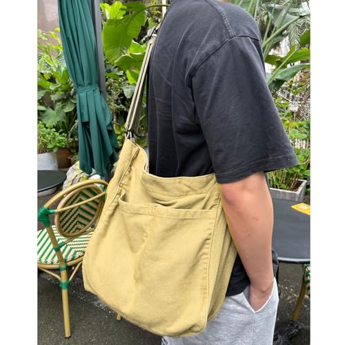 Image of Canvas Hobo Crossbody Shoulder Tote Bag for Women and Men W /Multi-pocket Casual Purse Messenger Bags Travel Work