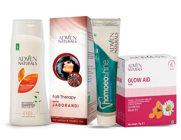 Adven Naturals Hair Strengthening Daily Care Combo | Neem Tulsi Shampoo 200ML+ Jaborandi Hair Oil 100ML+ Herbal Toothpaste 100GM + Glow Aid Soap Pack | Complete Family Hygiene Kit-image-43