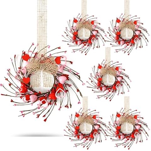 6 Pcs Valentines Day Wreaths Kitchen Cabinet Wreaths Farmhouse Artificial Red Pink Heart Berries Mini Valentine's Day Windows Wreaths for Front Door Porch Wall Decor Cover