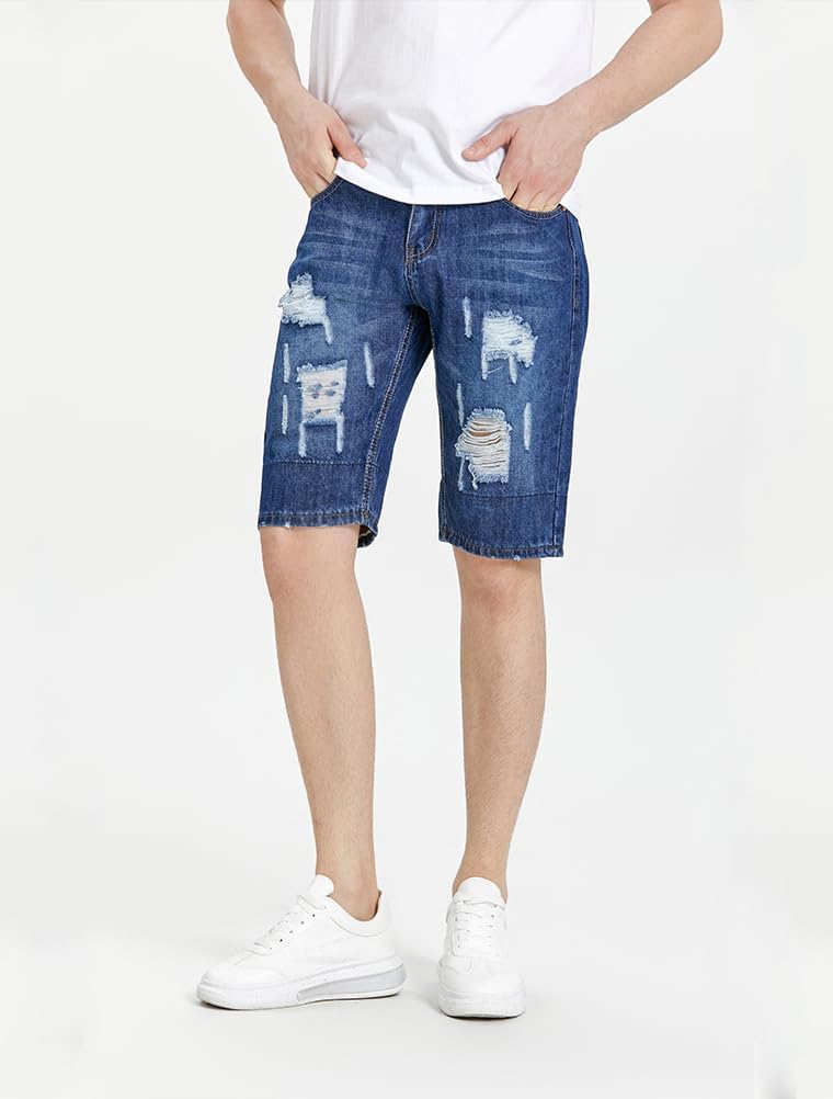 Lavnis Men's Moto Biker Jeans Shorts Ripped Distressed Denim Shorts with Broken Hole
