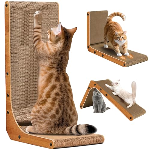 Pomefar Cat Scratcher 26.8 Inch L Shape Cat Scratch Pad Wall Mounted Cat Scratching Cardboard with Ball Toy for Indoor Cats Large Size