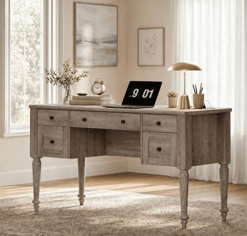 WAMPAT Farmhouse Executive Desk with Drawers, Vintage Writing Desk with Charging Station, Home Office Desk with Storage Cabinet & Open Shelf for Study, 56 Inch, Grey