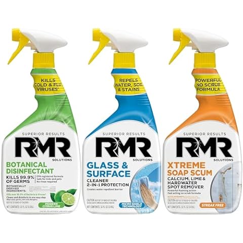 RMR Brands All-Purpose Botanical Based Disinfectant Cleaner, RMR - Xtreme Soap Scum Remover, and RMR - 2-in-1 Glass and Surface Cleaner Plus Repellent Bundle Cover