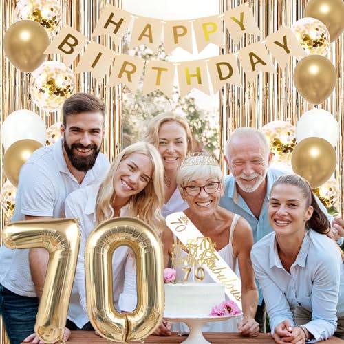 Image of Trgowaul 70th Birthday Decorations for Women, Banner, Sash and Crown, Cake Topper, 70 Number Balloon, Fringe Curtains, Champagne Gold 70th Birthday Party Supplies