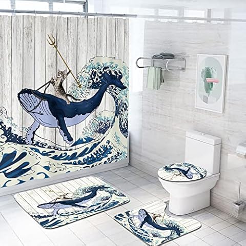 Coxila Cat Shower Curtain Funny Animal Riding Whale Ocean Wave Japanese Cute Bath Mat 4 Pcs Decor Bathroom Contour Mat Toilet Lid Cover U Shaped Non-Slip Rug Fabric Polyester 60x72 Inch Cover