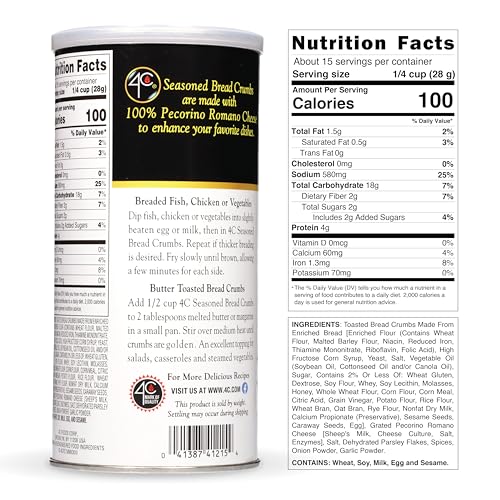 4C Premium Bread Crumbs, Seasoned with Pecorino Romano Cheese 1 Pack, Flavorful Crispy Crunchy, Value Pack