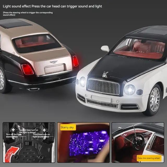 Image of Bentley MULSANNE 1:24 Diecast Scale Model Metal Pull Back Toy car for Kids with Openable Doors & Light, Music Toy Vehicle for Kids (Black+White)