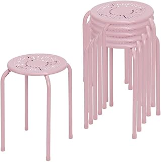 COSTWAY Set of 6 Metal Stacking Stools, Round Nesting Bar Stool with X-shape Connection & Anti-Slip Foot Pads, Breakfast Dining Seating for Home Kitchen Office, Support up to 120kg (Pink)